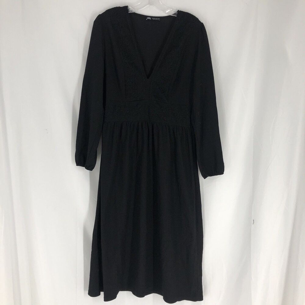 ZARA Long Sleeve Black V-Neck Midi Dress SIZE L